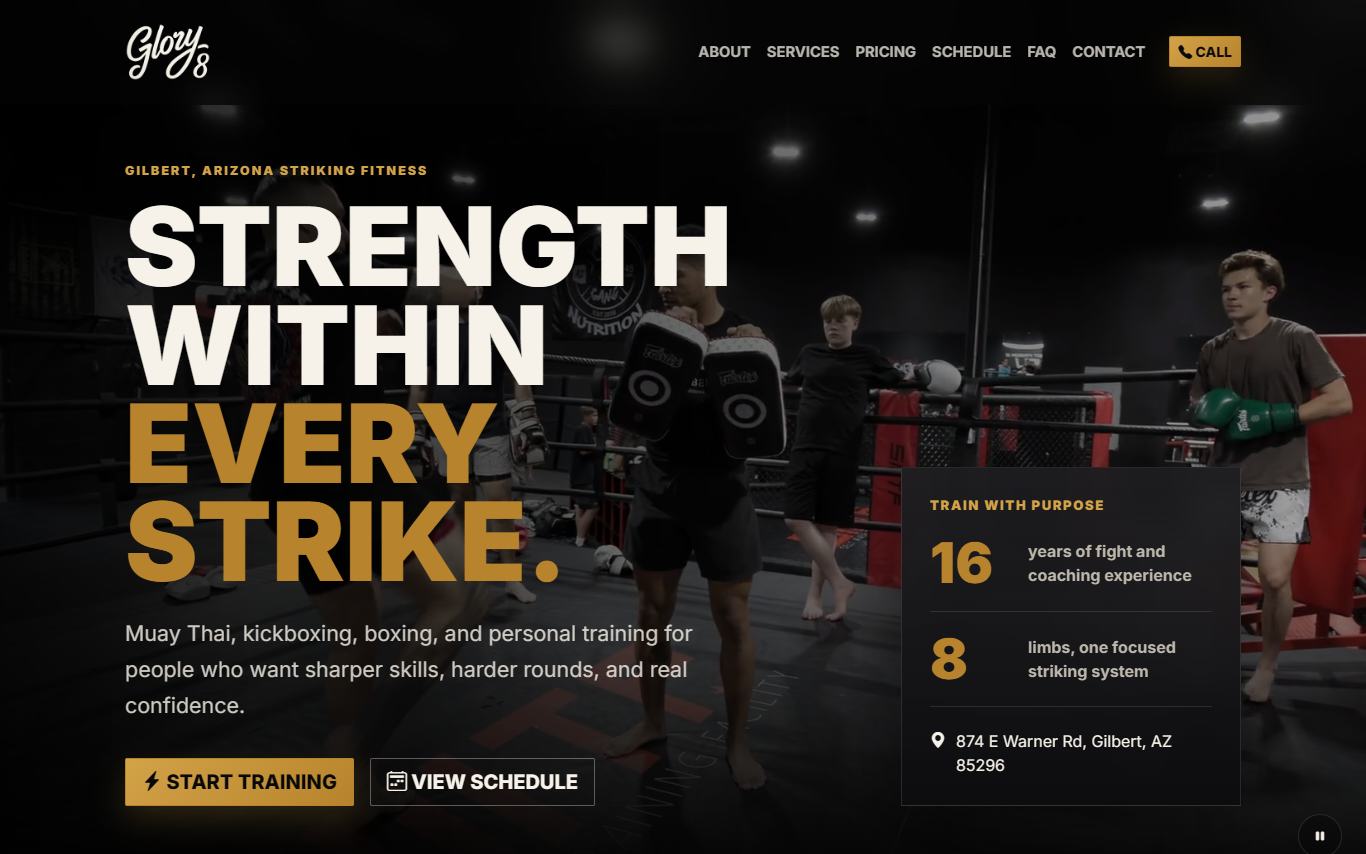 Glory8 Fitness live website homepage mockup